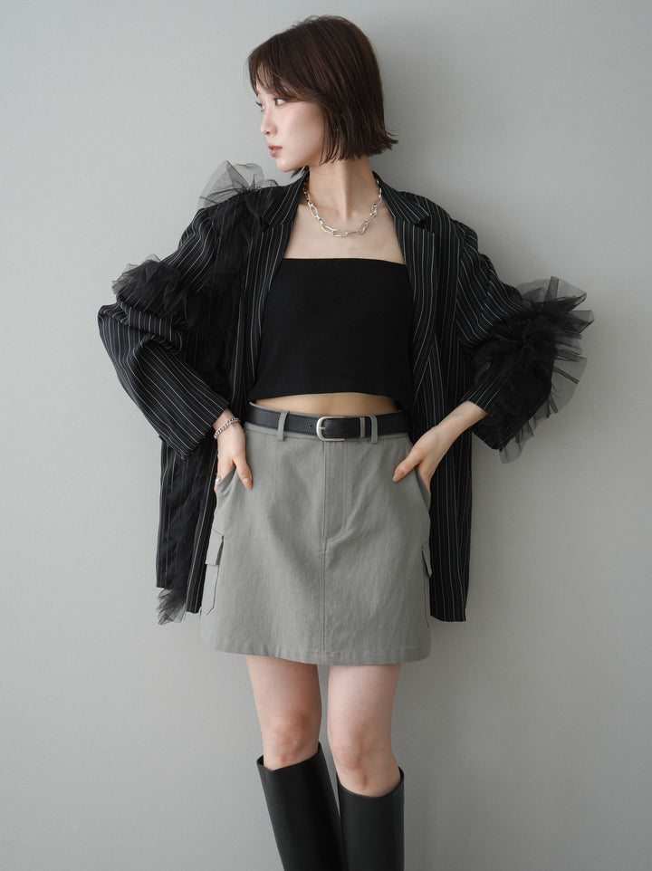 [予約]アシンメトリーチュールストライプジャケット/black