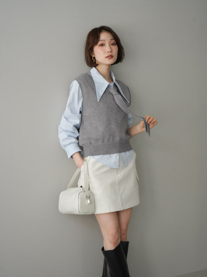 【套裝】蝴蝶結針織背心套裝襯衫+繫帶工裝迷你裙（兩件組）