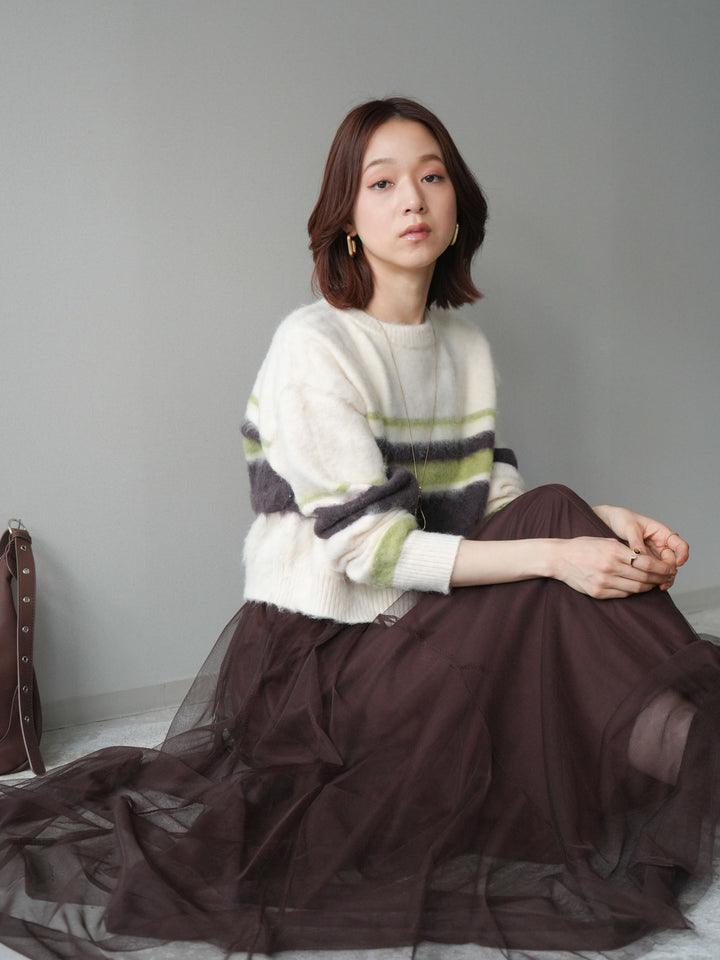 [SET]ソフトタッチボーダークロップドニットプルオーバー+チュールボリュームスカート(2set)