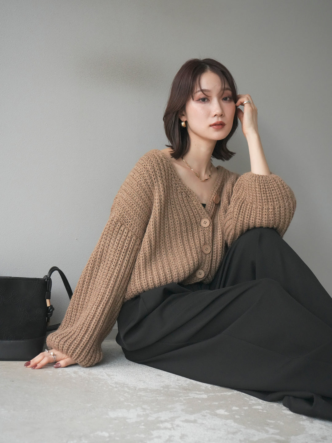 [予約]畦編みショートニットカーディガン/beige