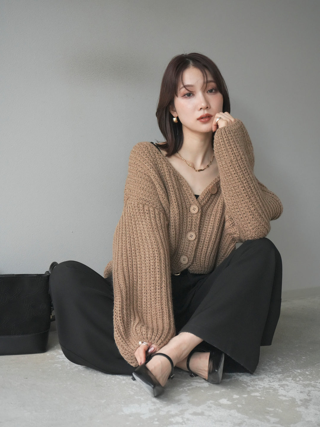 [予約]畦編みショートニットカーディガン/beige