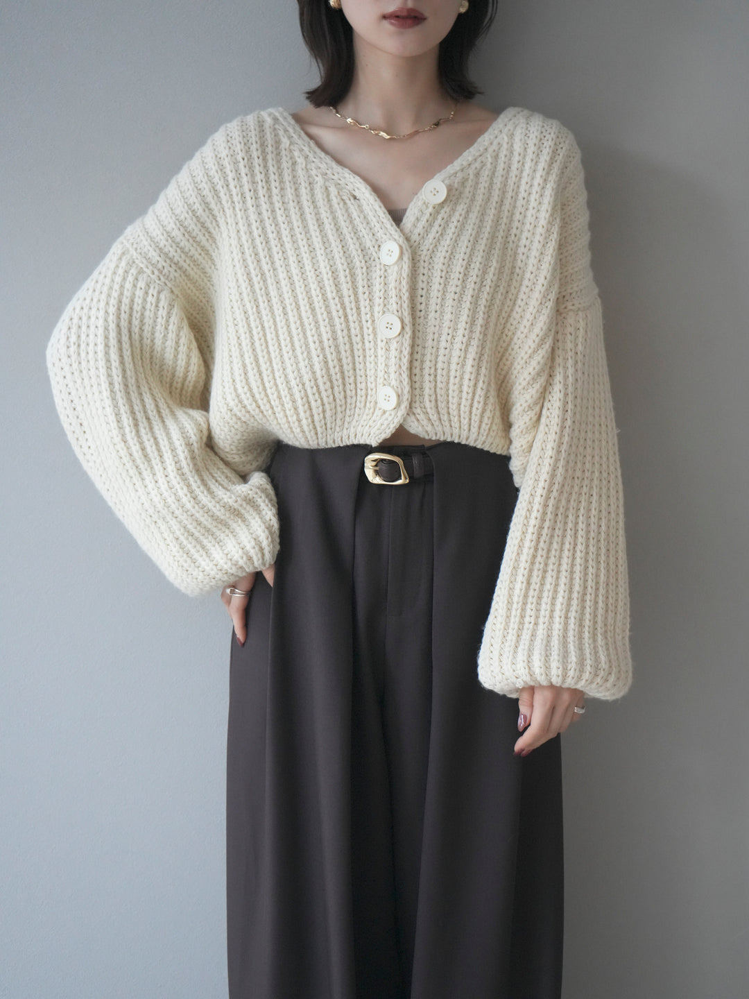 [予約]畦編みショートニットカーディガン/ivory