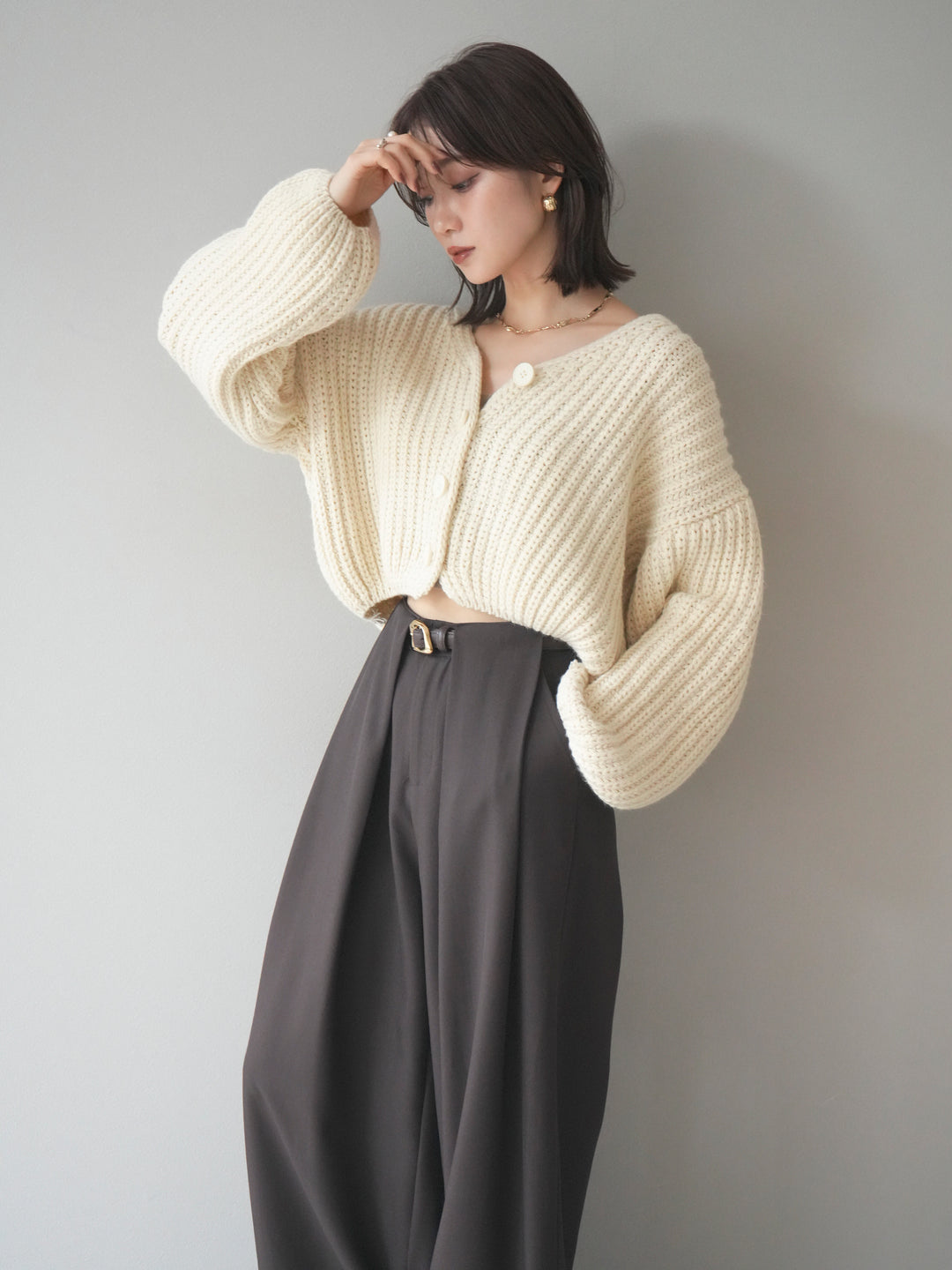[予約]畦編みショートニットカーディガン/ivory