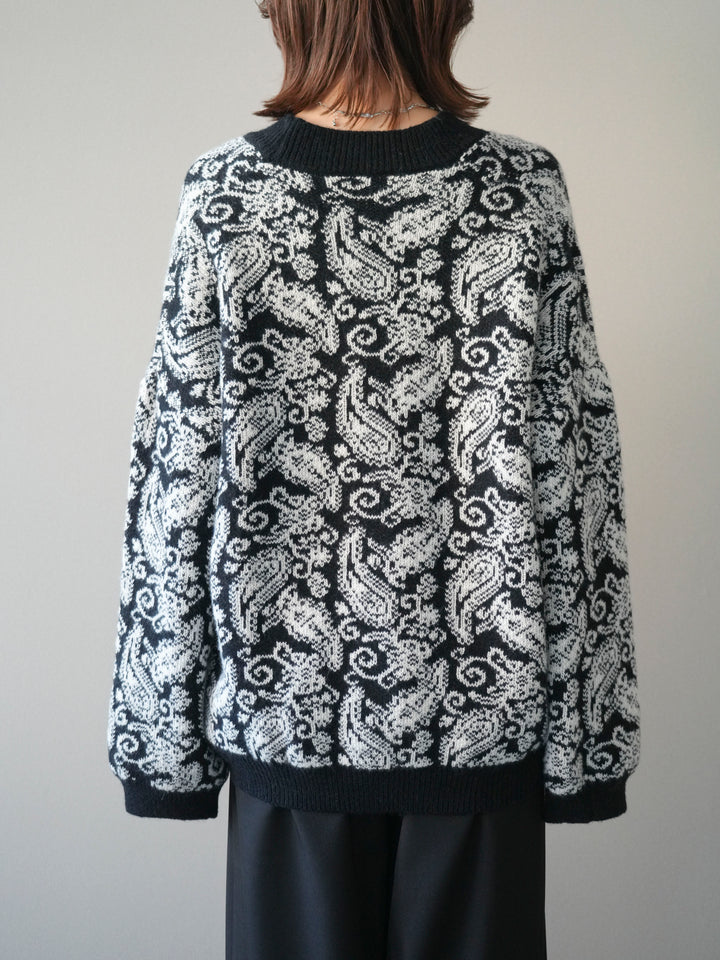 [予約]ペイズリー柄ニットカーディガン/black