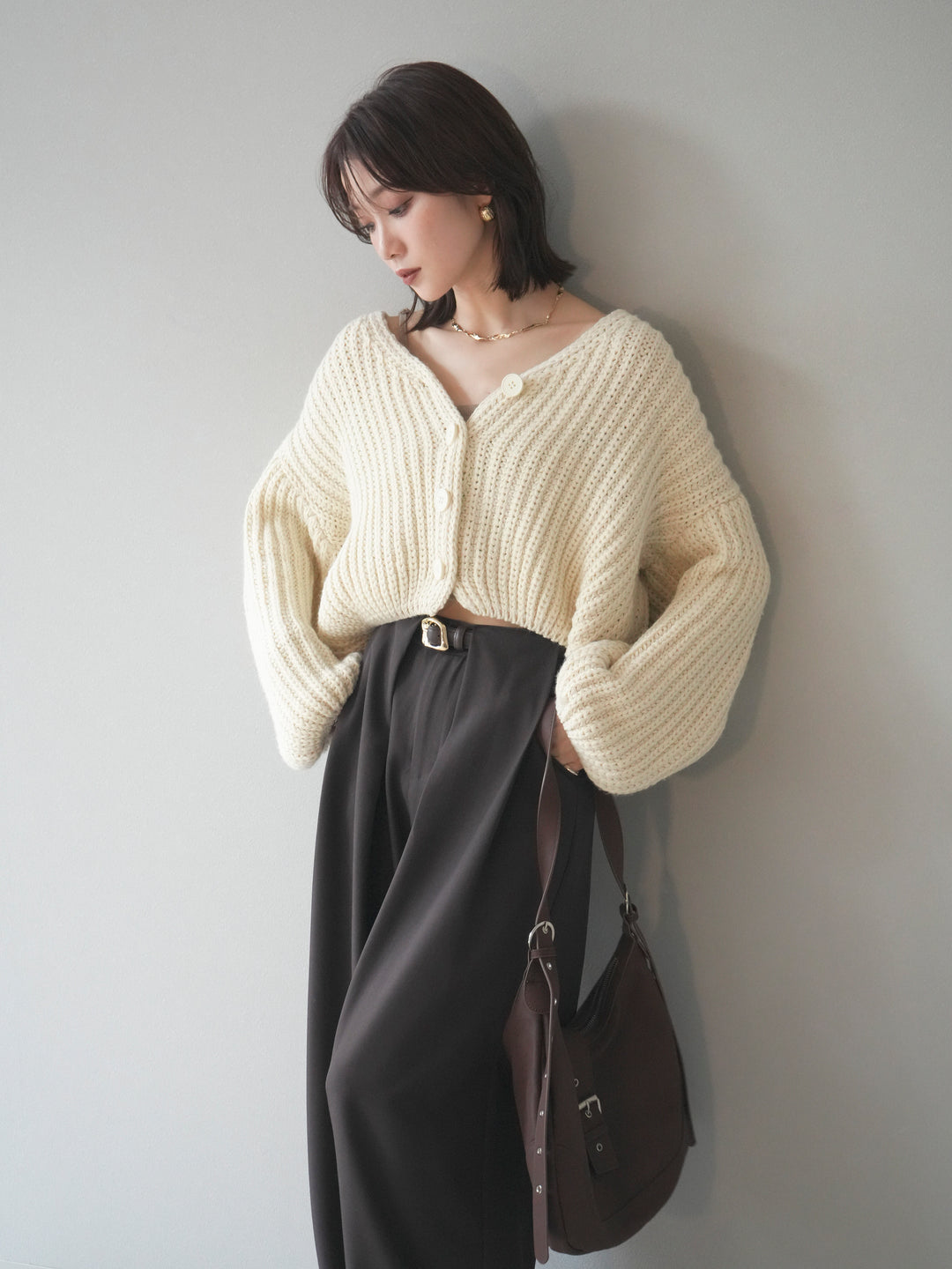 [予約]畦編みショートニットカーディガン/ivory