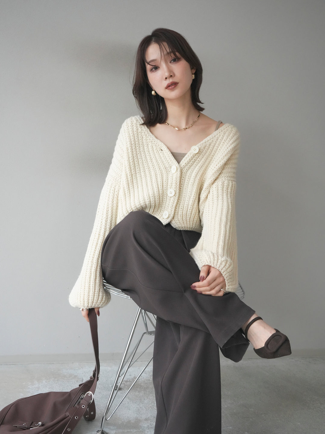 [予約]畦編みショートニットカーディガン/ivory