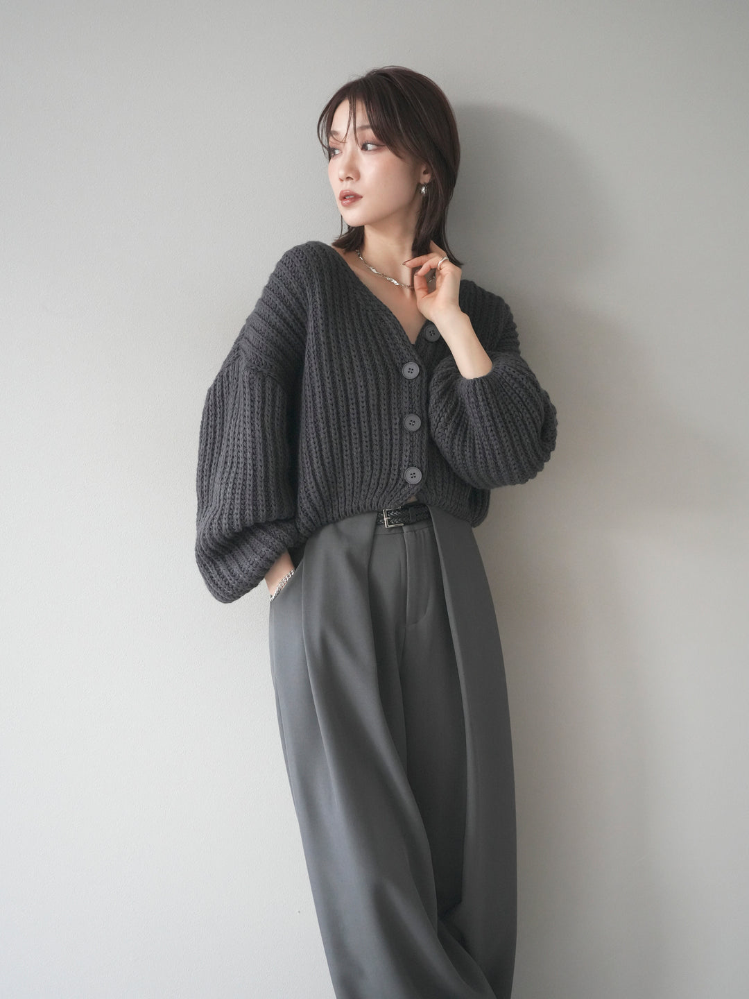 [予約]畦編みショートニットカーディガン/gray
