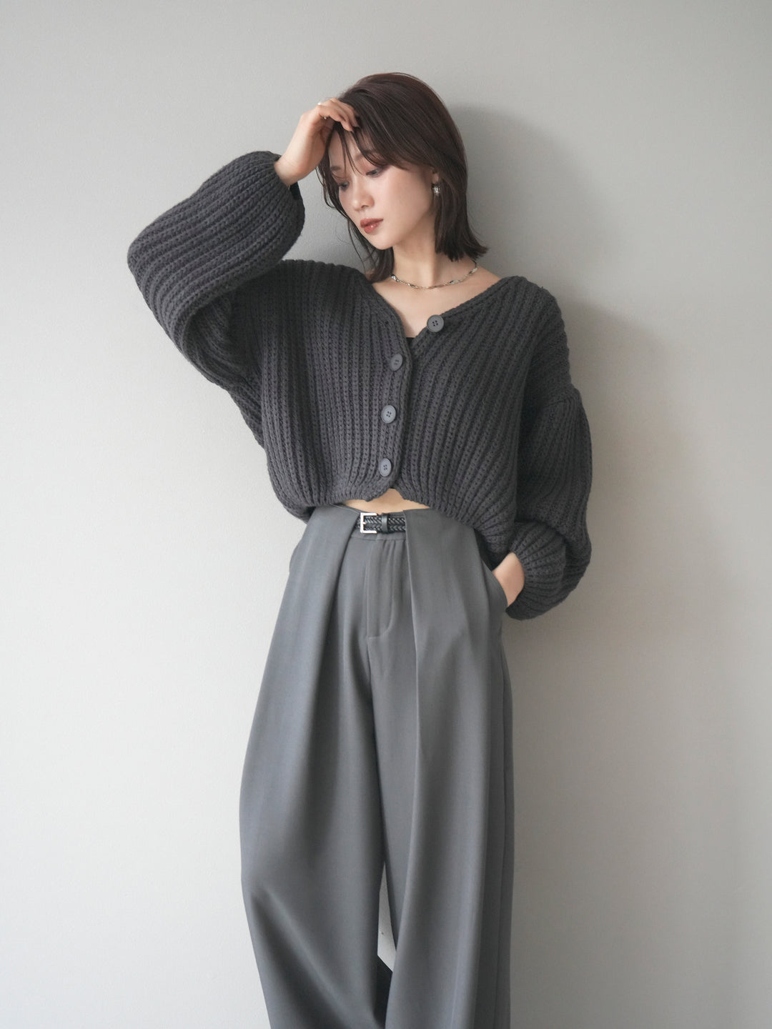 [予約]畦編みショートニットカーディガン/gray