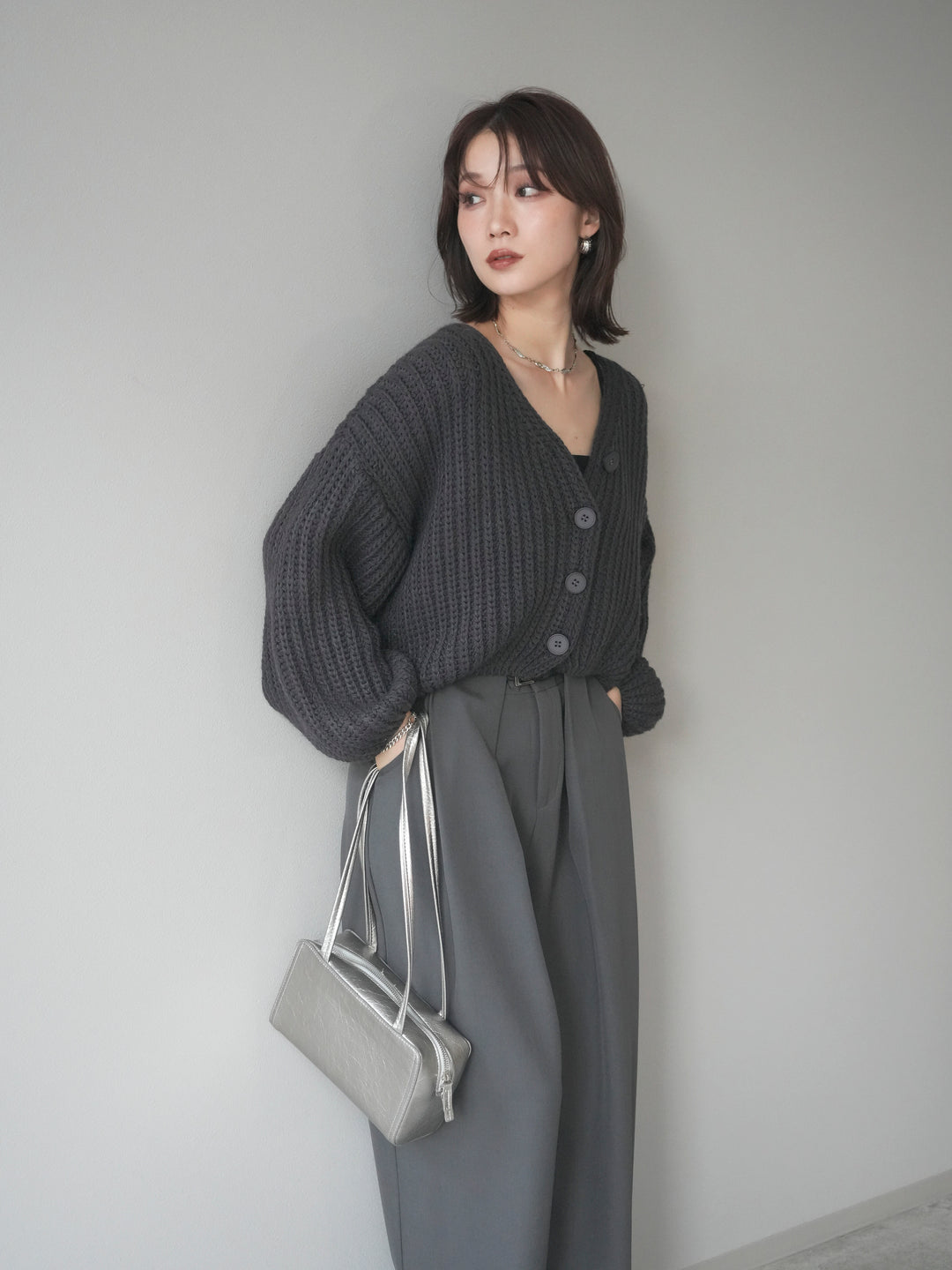 [予約]畦編みショートニットカーディガン/gray