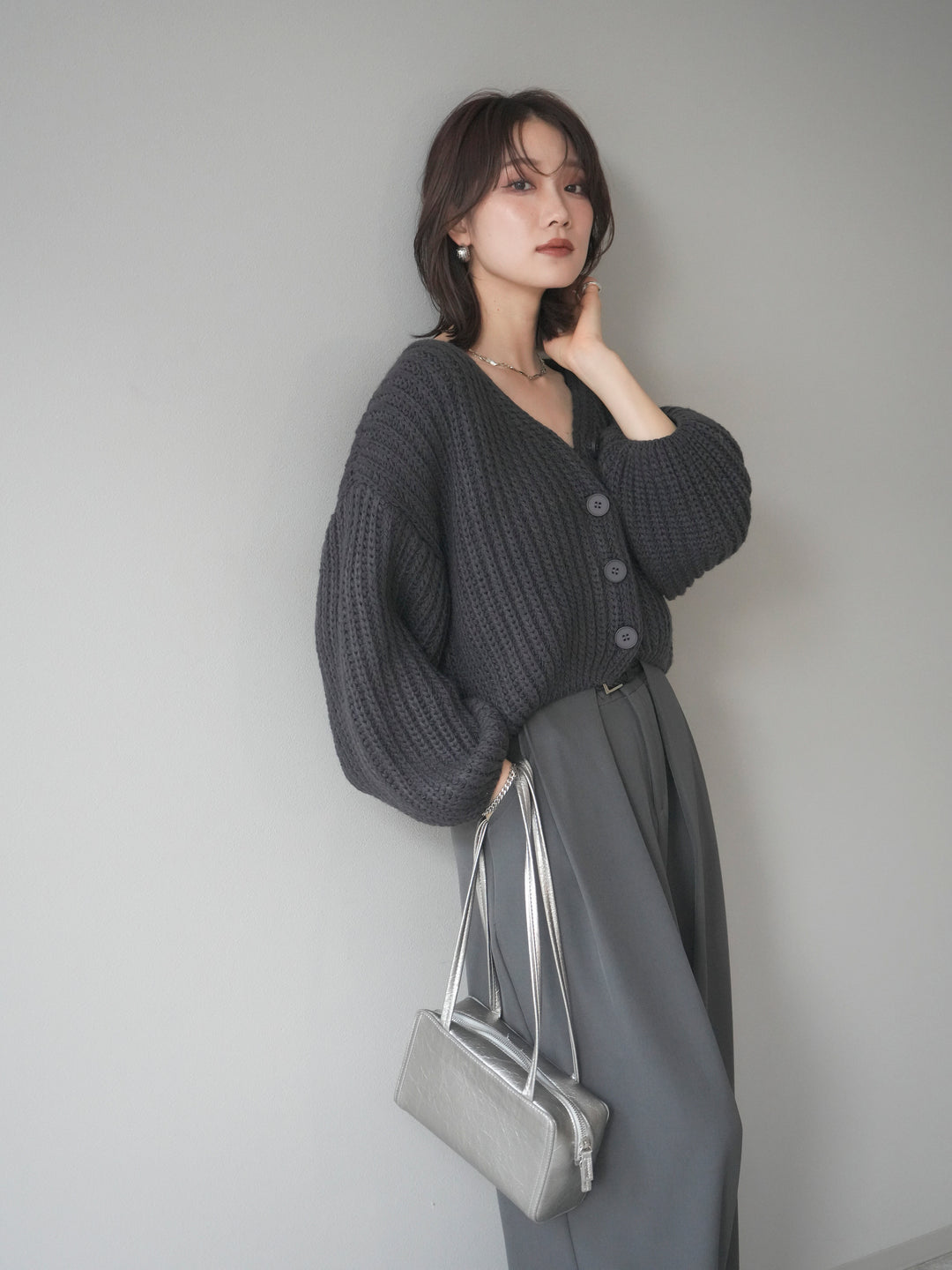 [予約]畦編みショートニットカーディガン/gray