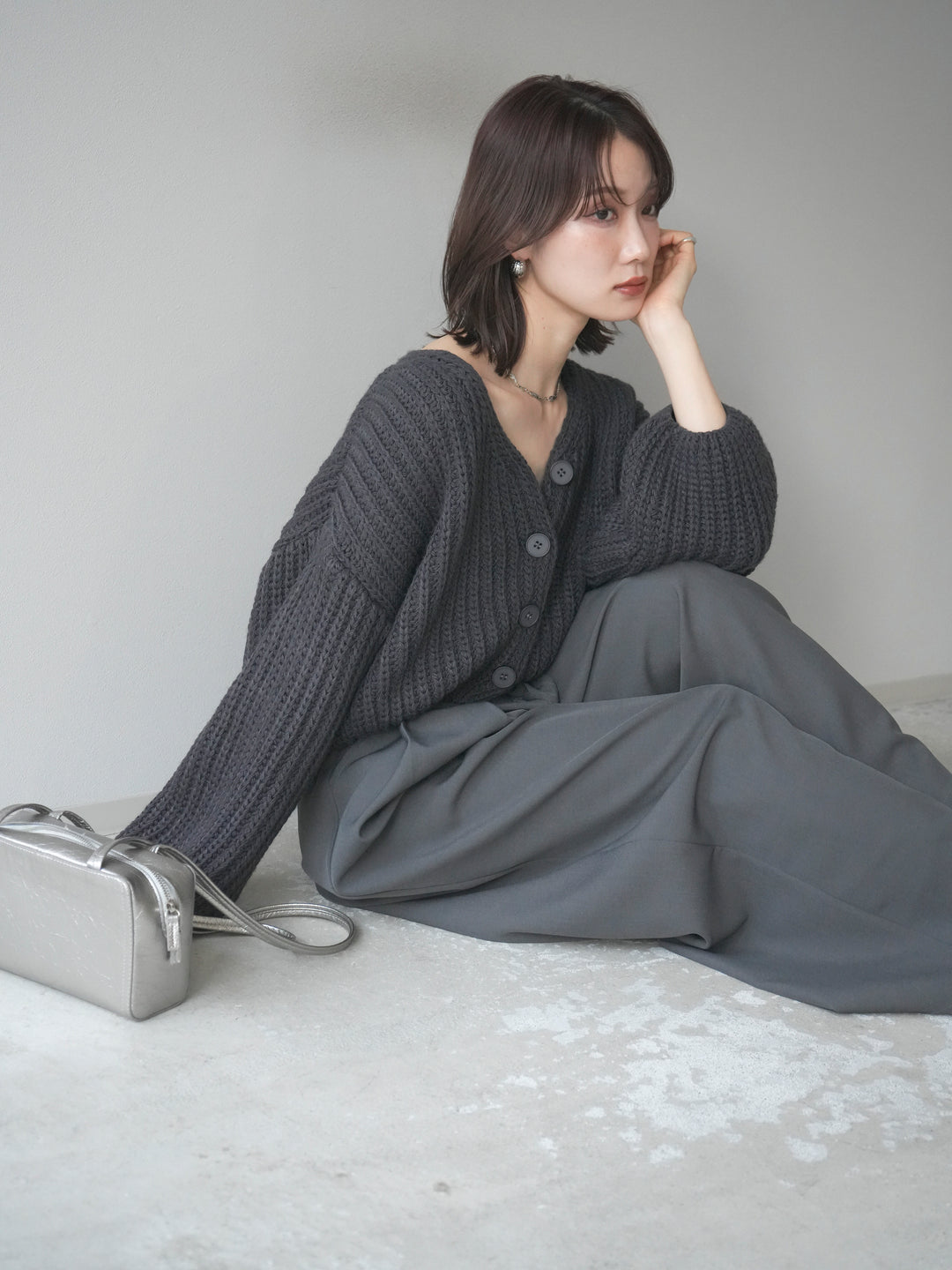 [予約]畦編みショートニットカーディガン/gray