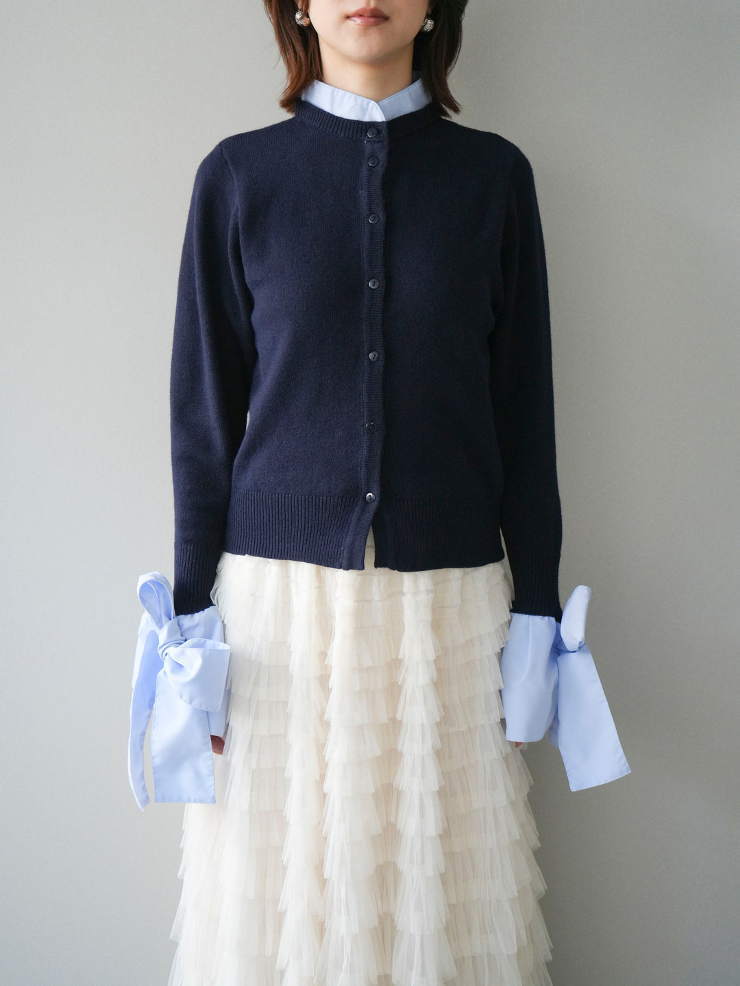 [予約]ウールライクリボンシャツカーディガン/navy