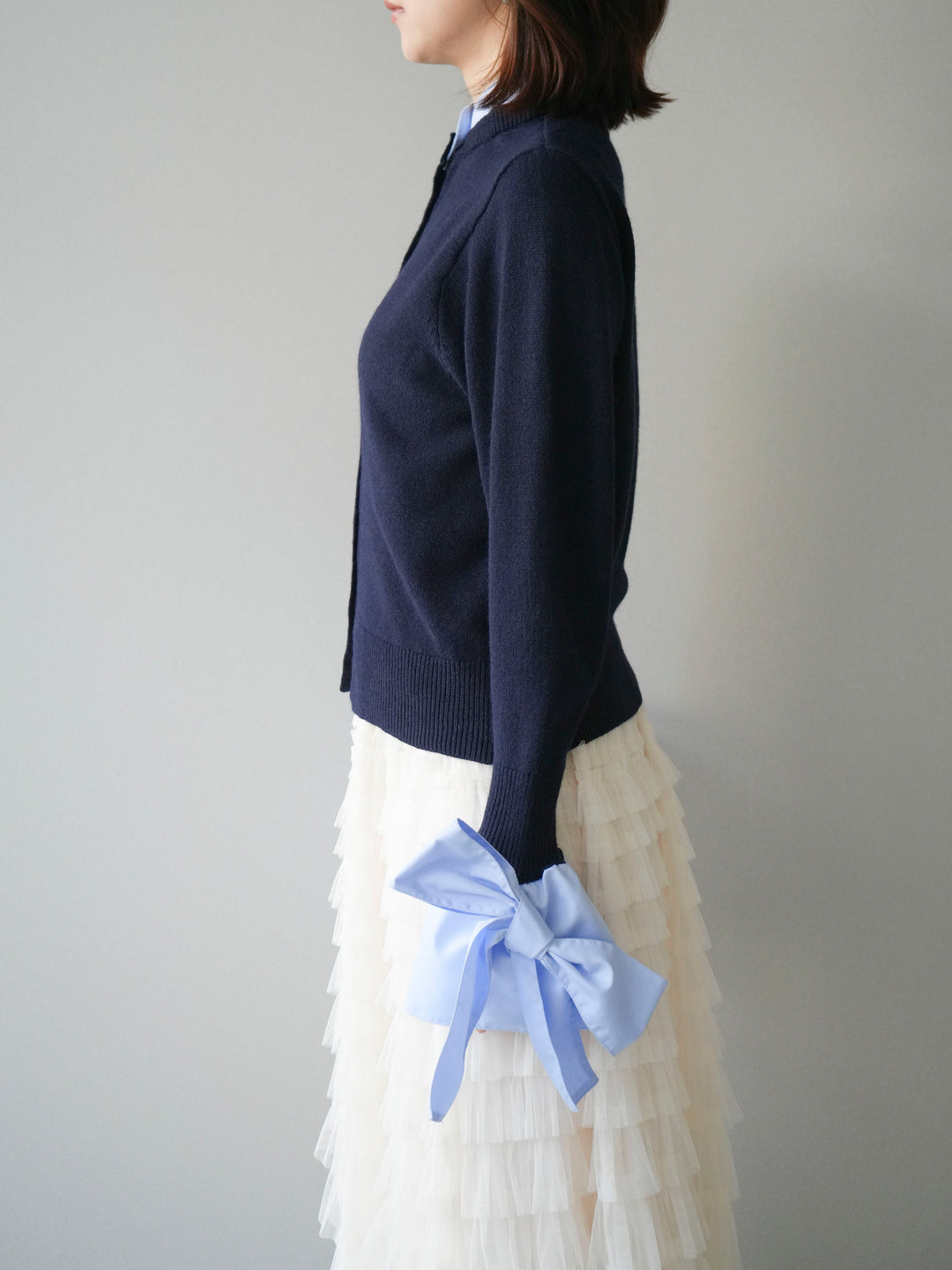 [予約]ウールライクリボンシャツカーディガン/navy