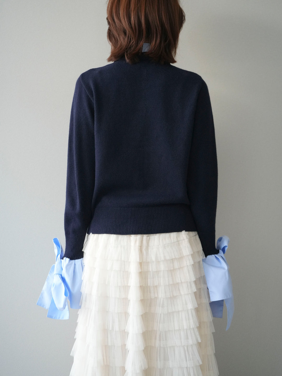 [予約]ウールライクリボンシャツカーディガン/navy