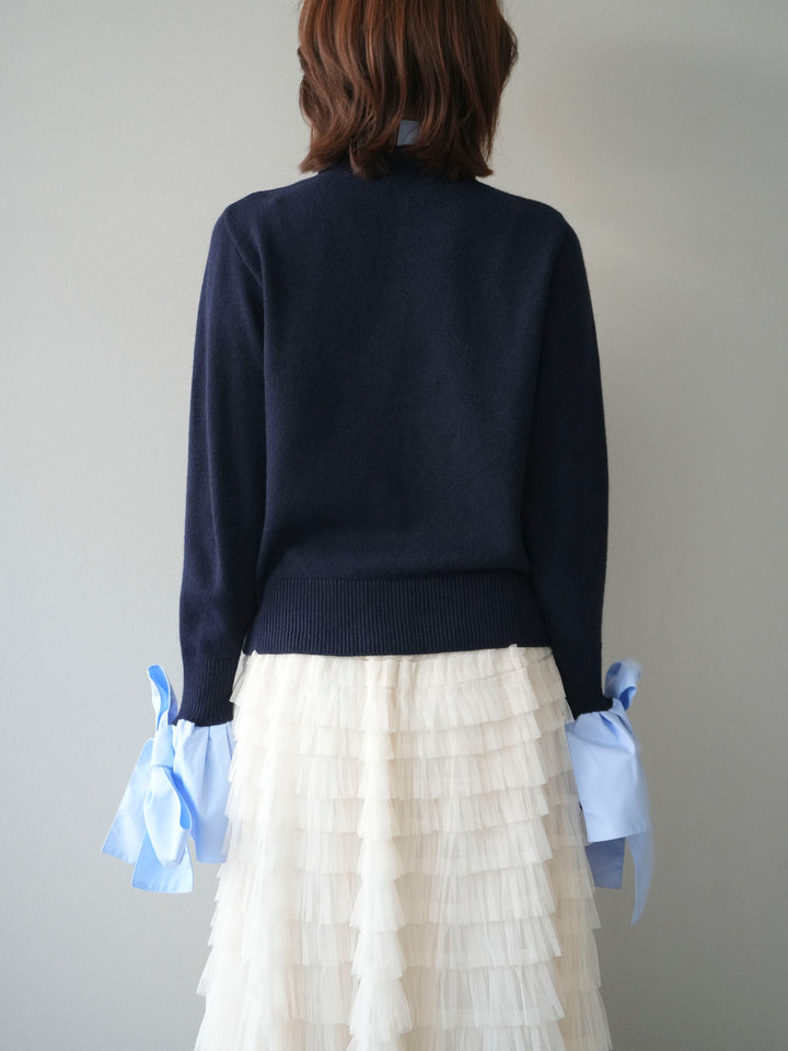 [予約]ウールライクリボンシャツカーディガン/navy