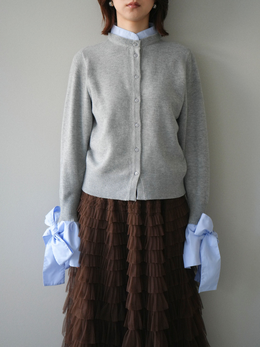 [予約]ウールライクリボンシャツカーディガン/gray