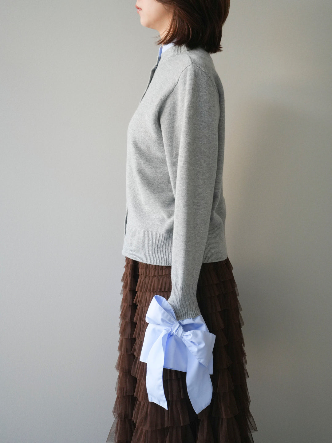 [予約]ウールライクリボンシャツカーディガン/gray