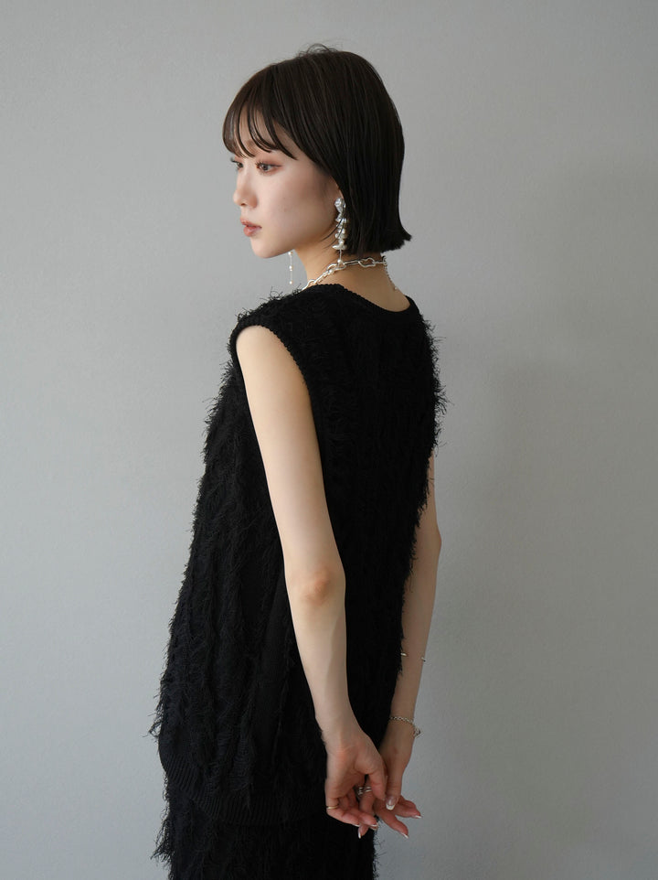 [Pre-order] Mixed fringe knit top/black