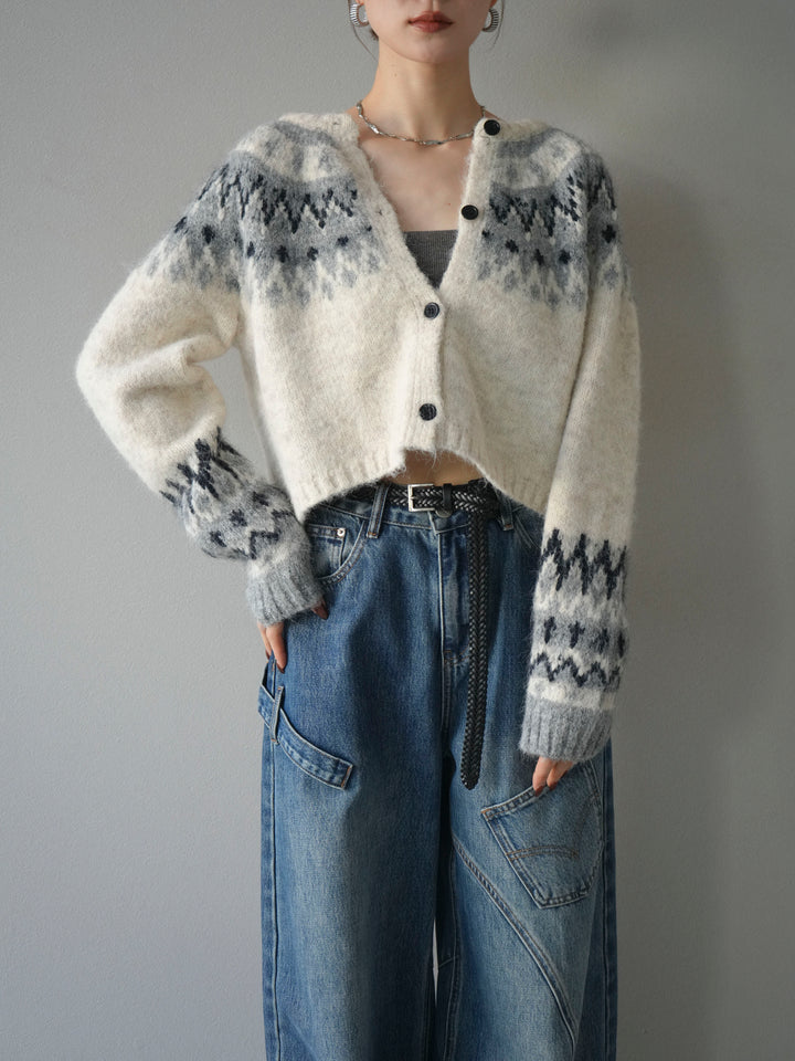 【着回しセット】[SET]求心柄クロップドニットカーディガン+ミックスヤーンペイズリー柄ニットカーディガン+ペインターカーブデニムパンツ(3set)