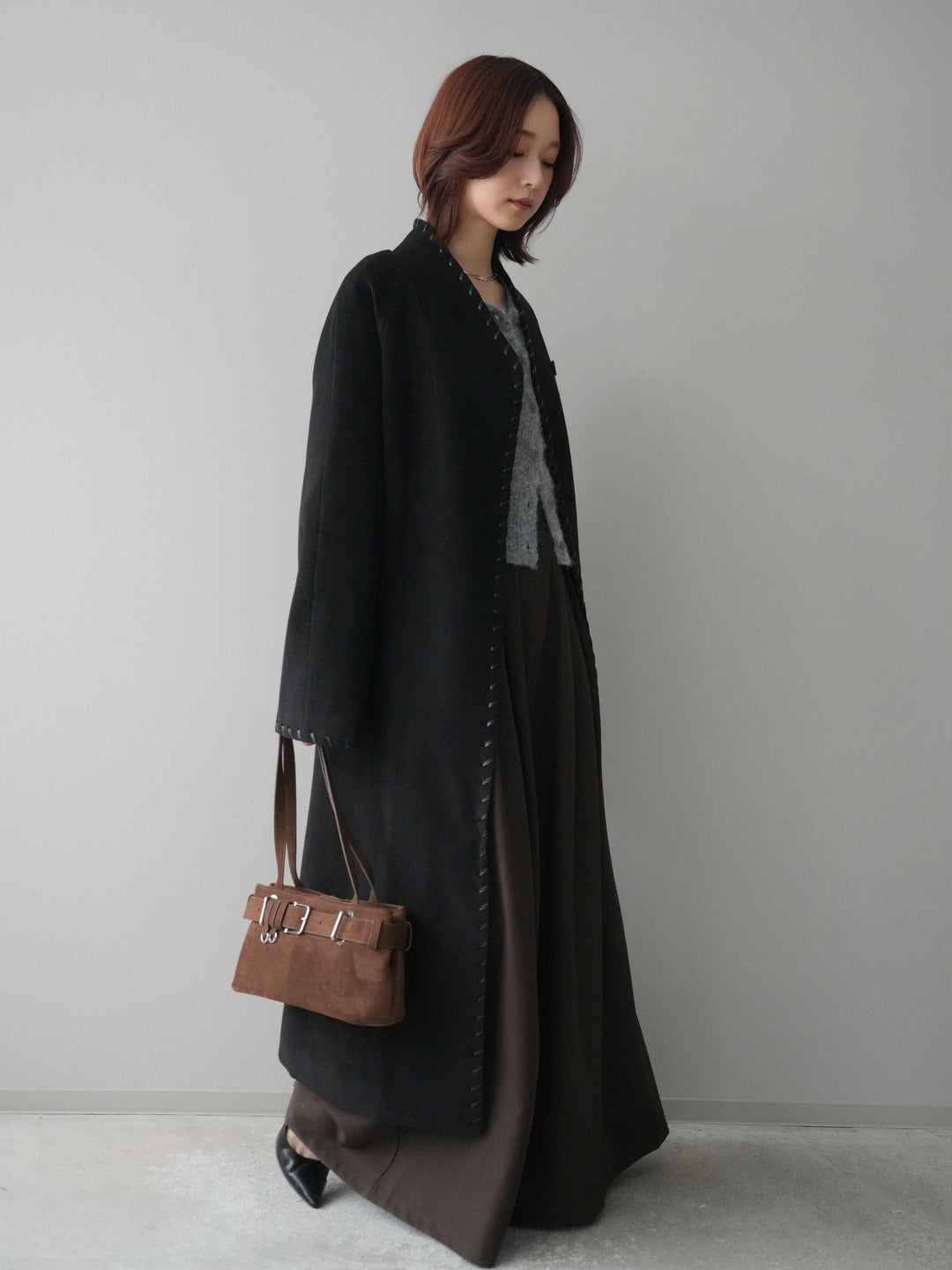 [SET]ハンドステッチ裏中綿ロングコート+テープベルトタックバギーパンツ(2set)