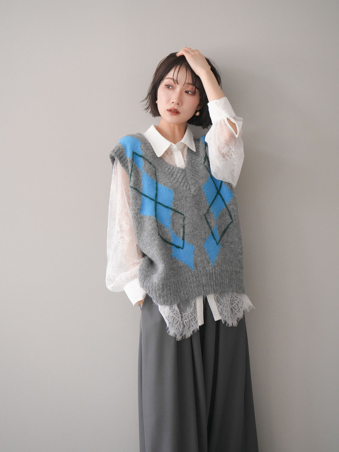 [SET]アーガイルVネックニットベスト+選べるアクセセット(2set)