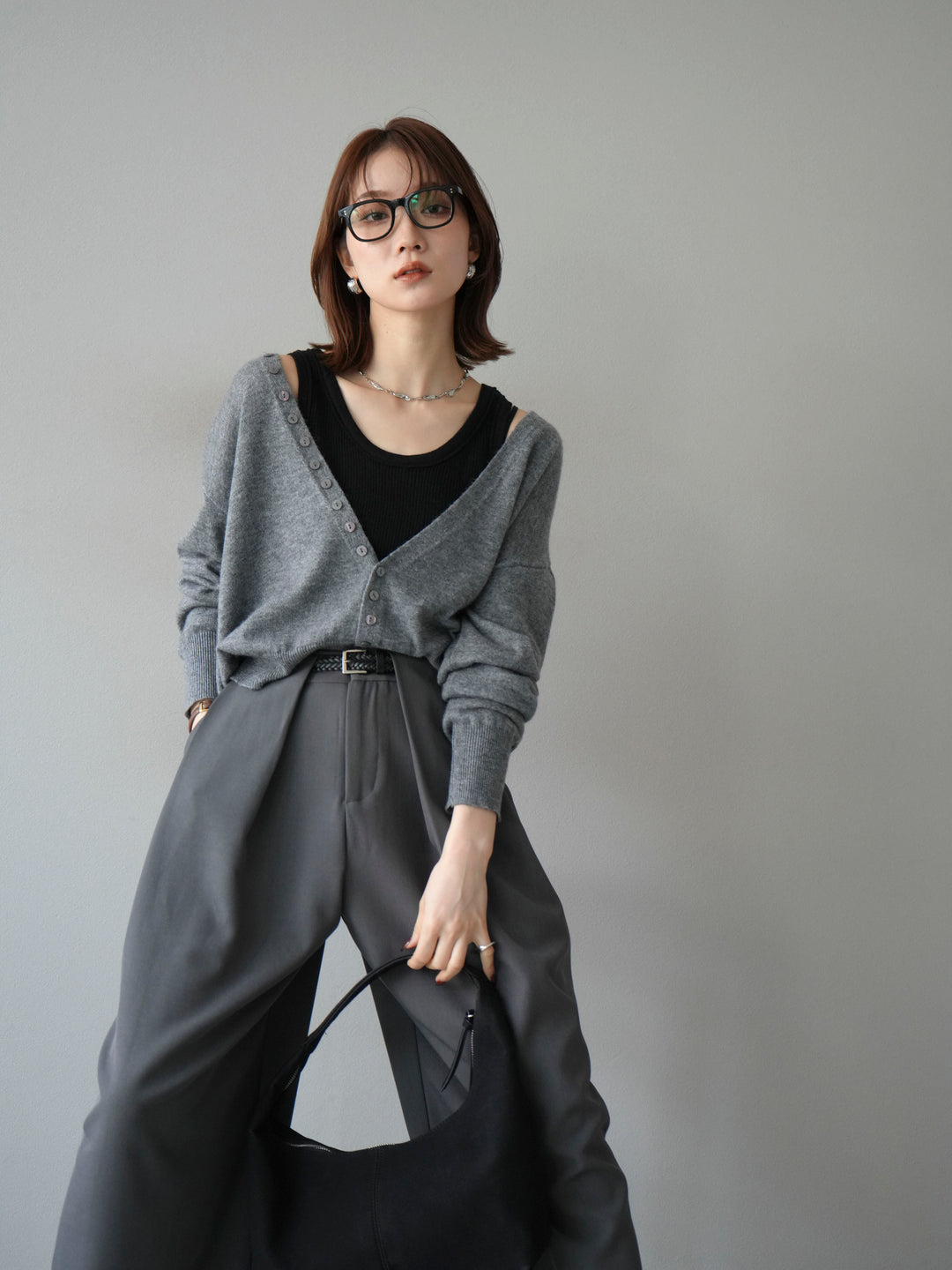 [SET]デザインボタンニットカーディガン＆タンクトップSET+ベルトループデザインワイドパンツ(2set)