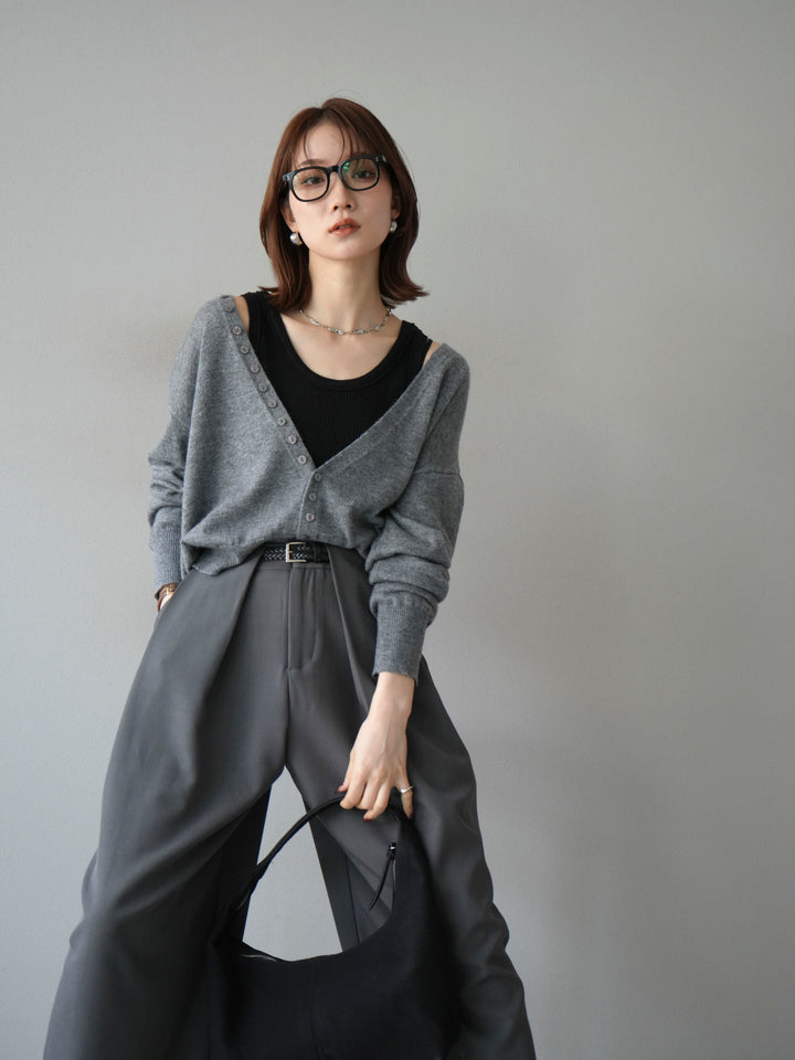 [SET]デザインボタンニットカーディガン＆タンクトップSET+ベルトループデザインワイドパンツ(2set)