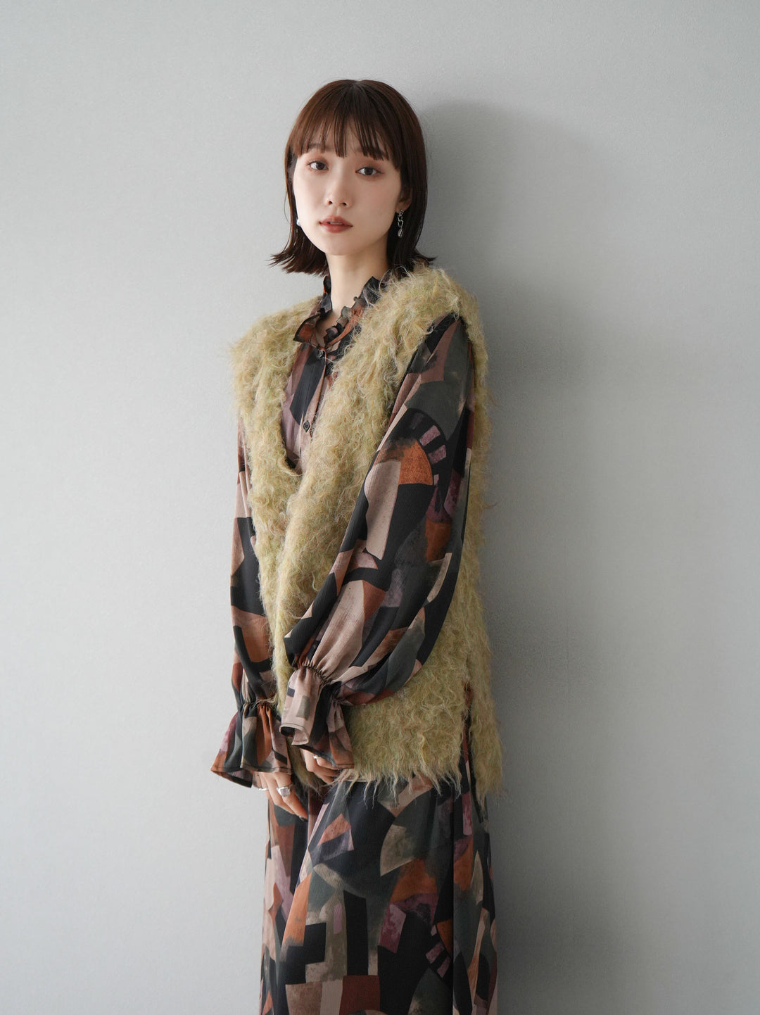 [予約]ウール混ミックスヤーンニットベスト/グリーン