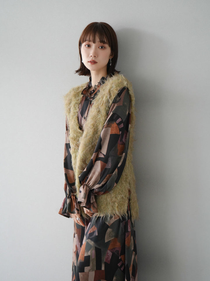 [予約]ウール混ミックスヤーンニットベスト/グリーン