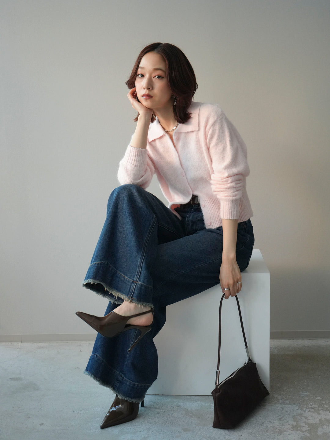 [SET]モヘア衿付きボタンプルオーバー+裏起毛裾フリンジワイドデニムパンツ(2set)