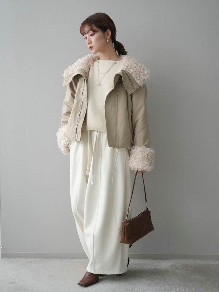 [SET]プードルファーダウンジャケット+アンゴラタッチボートネッククロップドプルオーバー+ウエストベルトカーブラインスエットパンツ(3set)