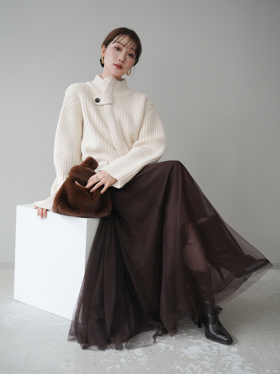 [SET]畦編みボトルネックZIPニットカーディガン+畦編みボトルネックZIPニットカーディガン(2set)