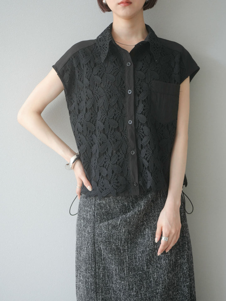 【預購】蕾絲分層抽繩襯衫/黑色