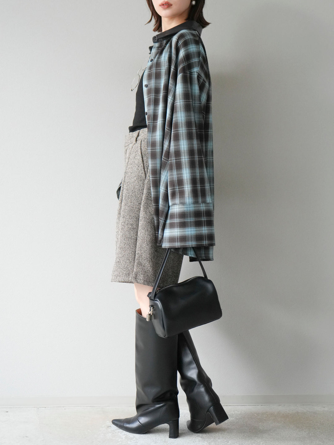 【着回しセット】[SET]レザー襟オンブレチェックオーバーシャツ +クラッシュベロアナロースカート+ツイードハーフパンツ(3set)