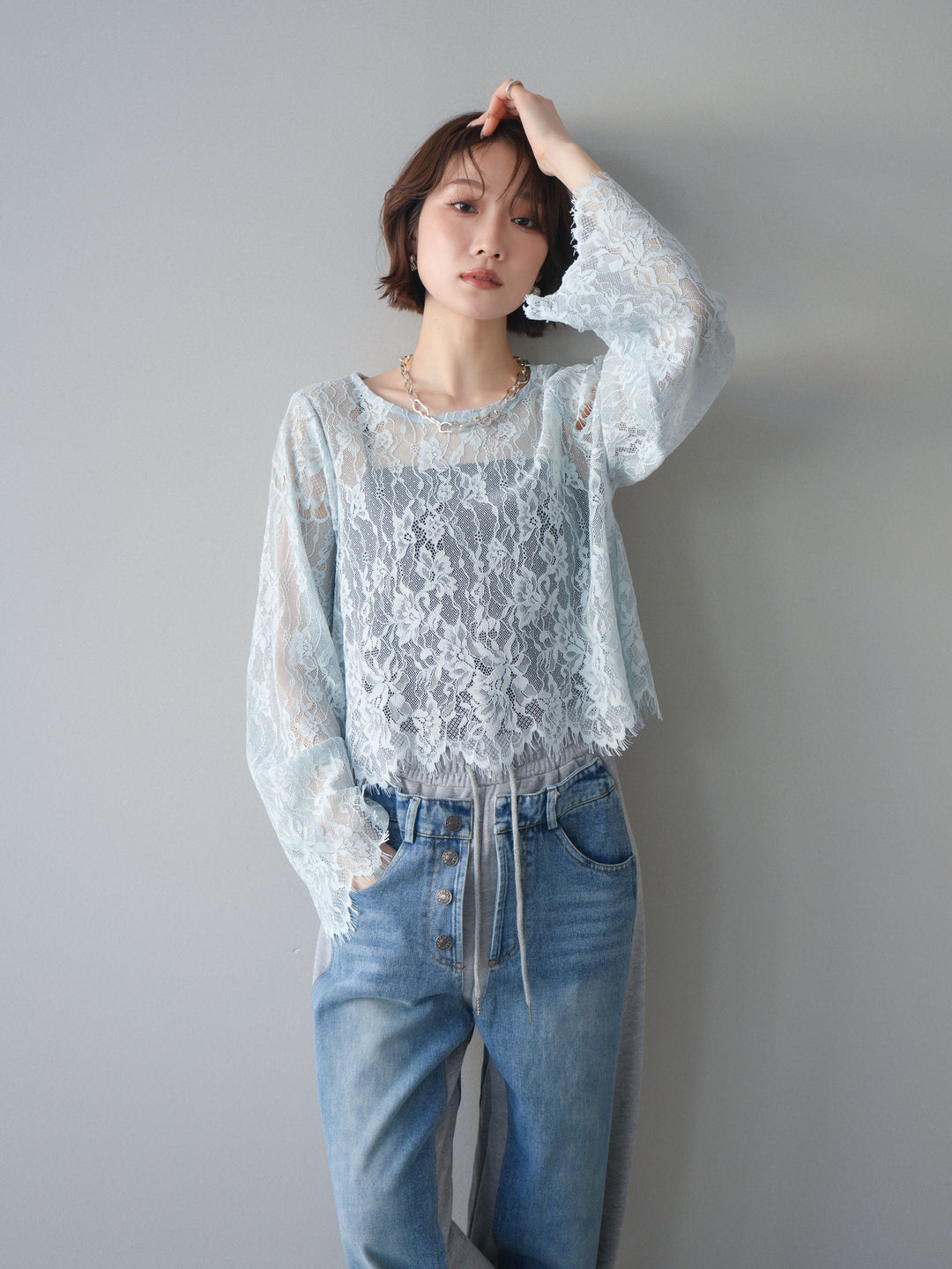 [SET]2WAYスリーブレーストップス+選べるアクセセット(2set)