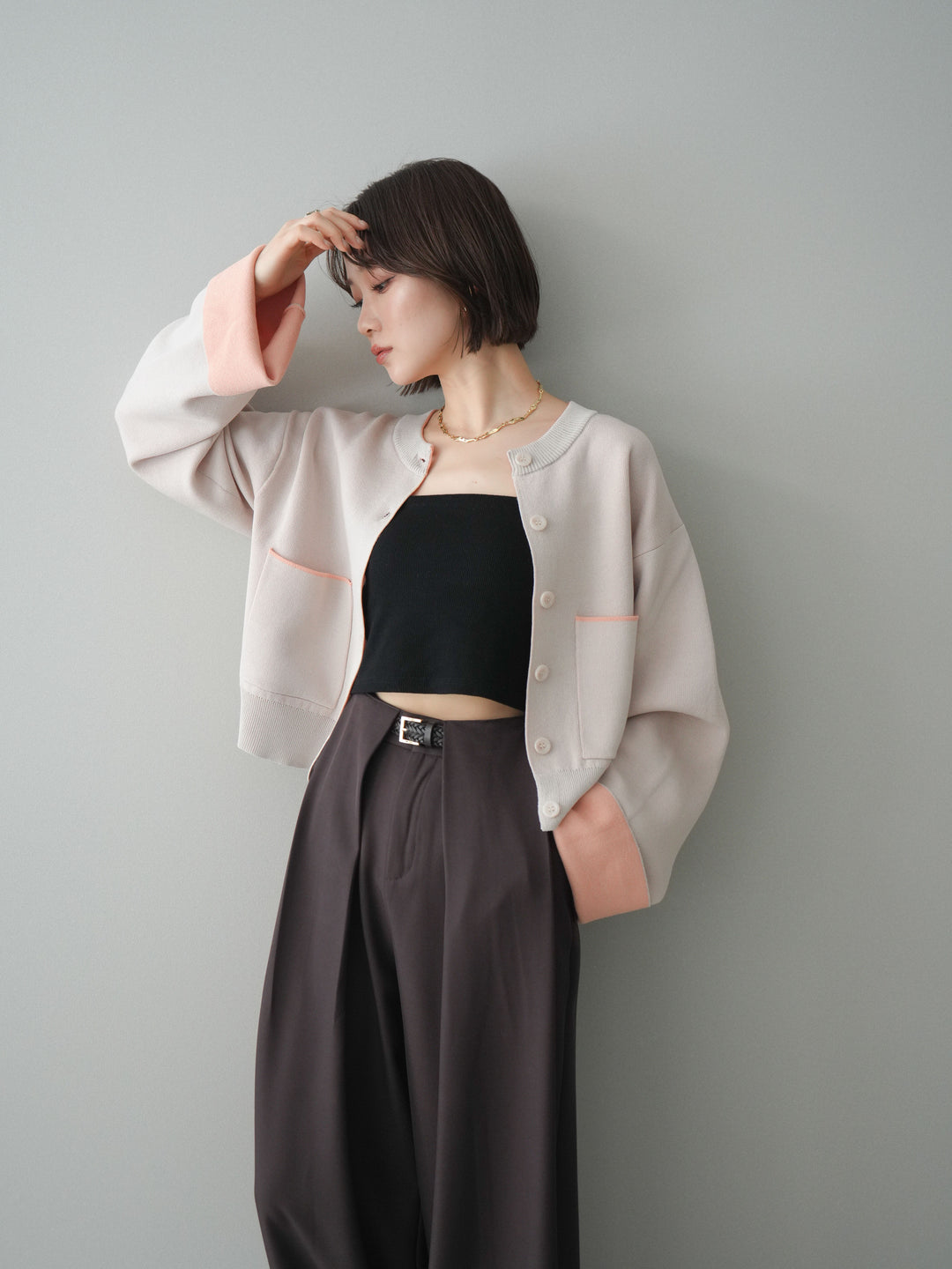 [予約]レーヨンポリダブルフェイスニットカーディガン/beige