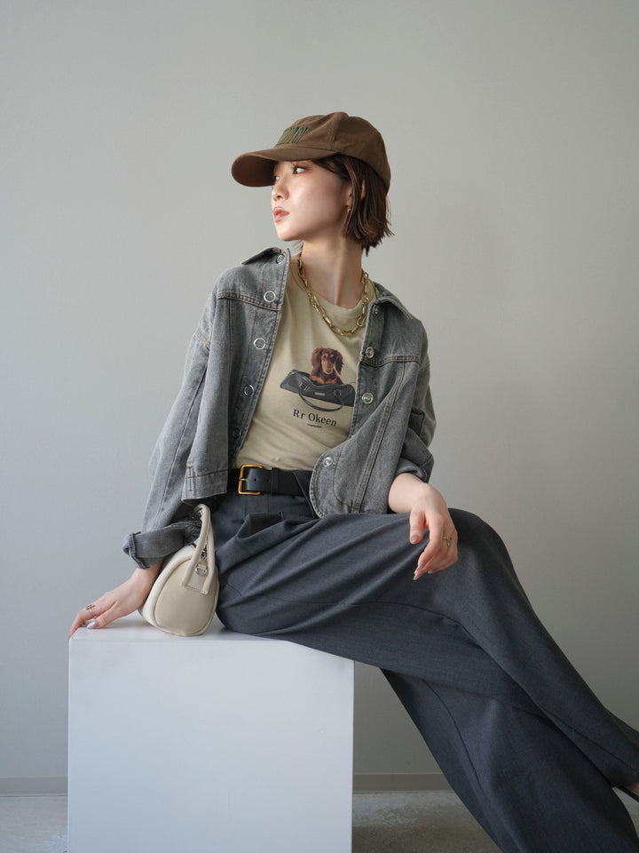 [SET]ラウンドカットコンパクトデニムジャケット+ドッグコンパクトTEE+アシンメトリーベルトタックワイドパンツ(3set)