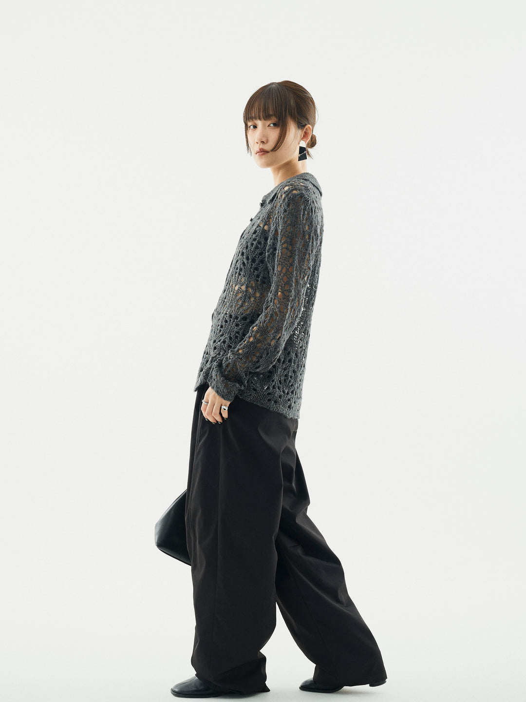 【Allure】[SET]ローゲージ透かし編みポロニッカーディガン+タフタワイドカーブパンツ(2set)