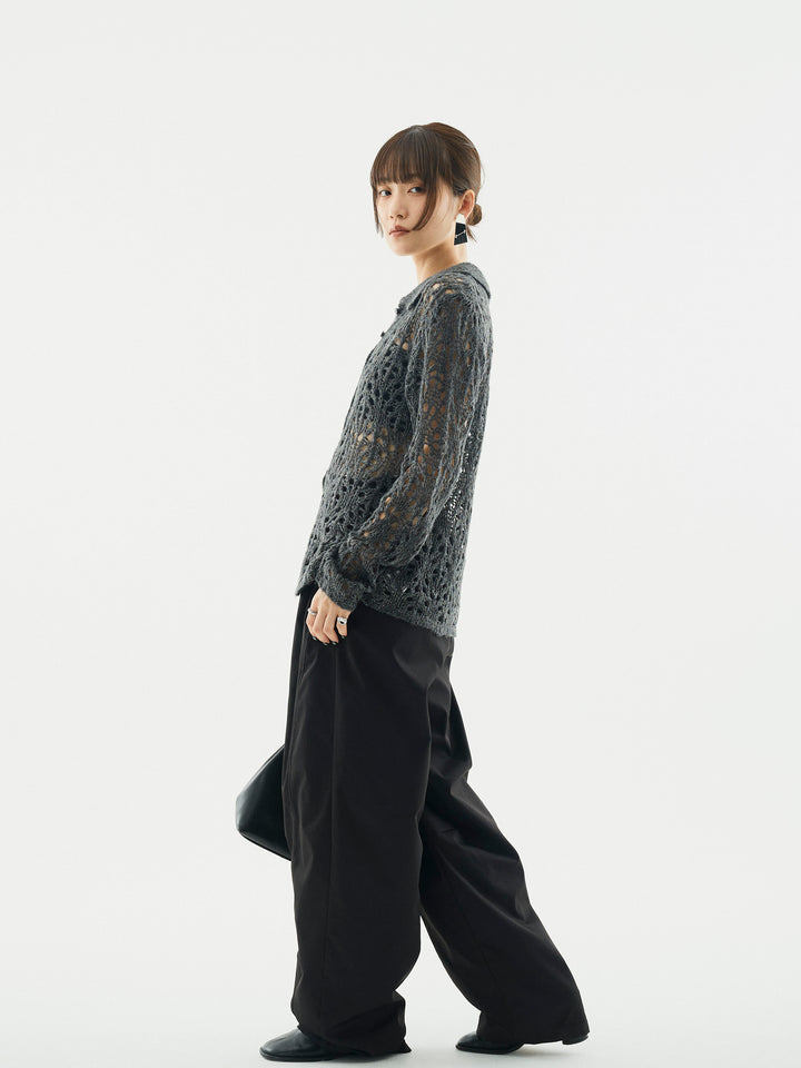 【Allure】[SET]ローゲージ透かし編みポロニッカーディガン+タフタワイドカーブパンツ(2set)