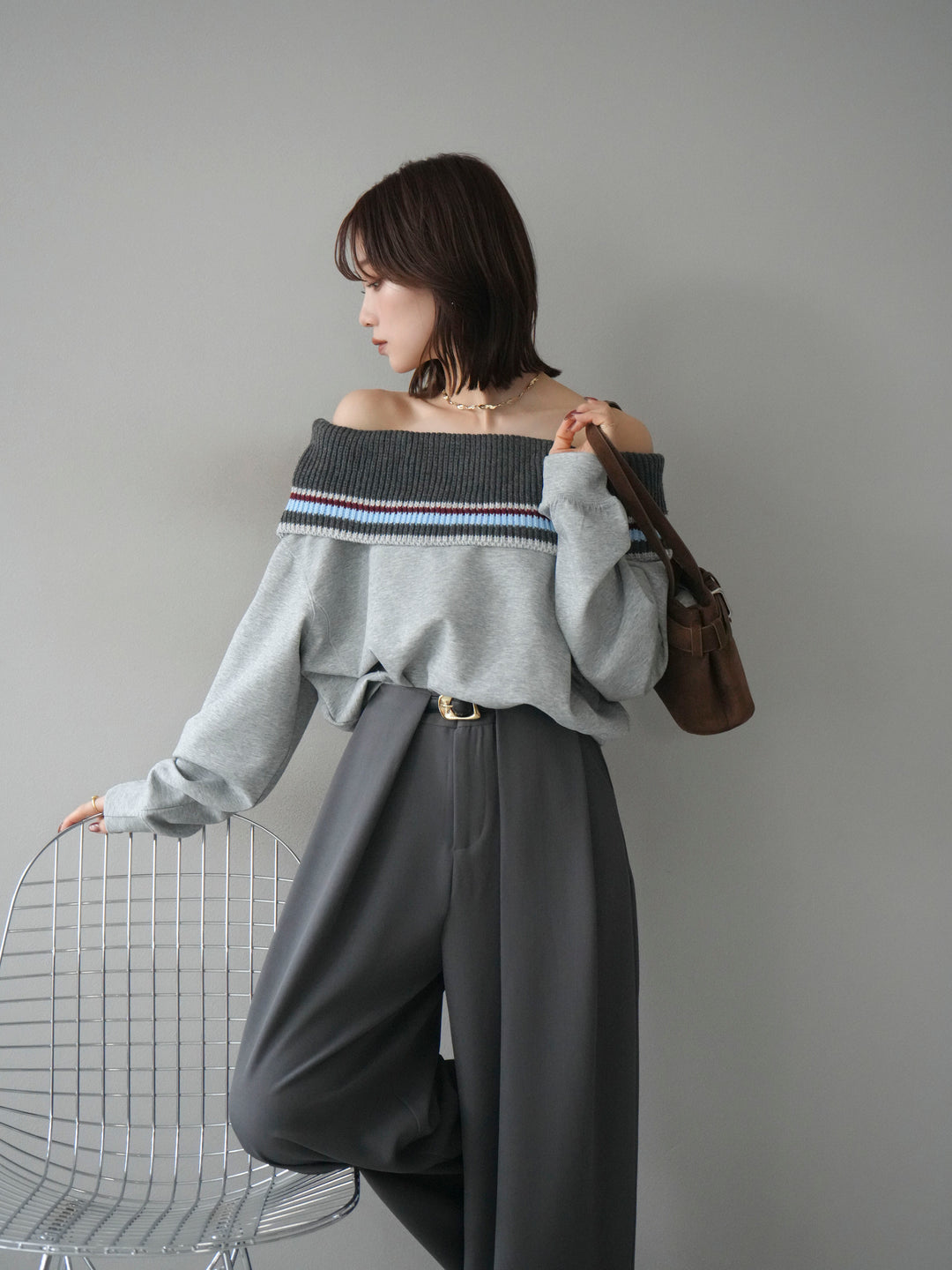 [予約]ボーダーニットオフショルダーxスウェットプルオーバー/gray