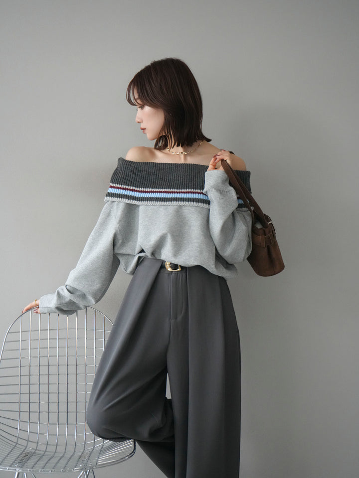 [予約]ボーダーニットオフショルダーxスウェットプルオーバー/gray