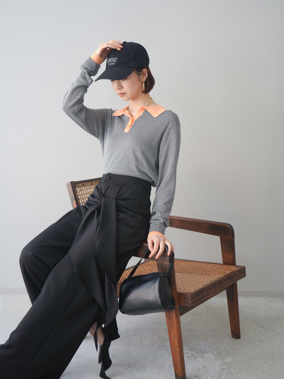 [SET]配色デザインシアーポロニット+ラッフルベルトワイドパンツ(2set)