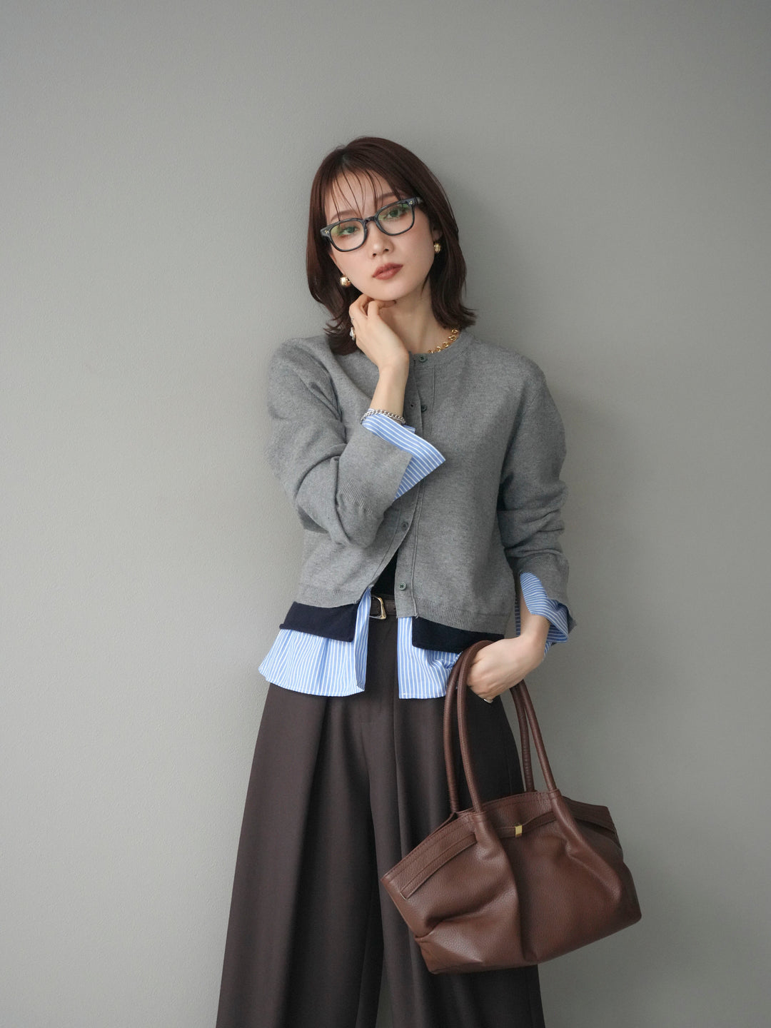 [SET]シャツ襟レイヤードニットカーディガン+ベルトループデザインワイドパンツ(2set)