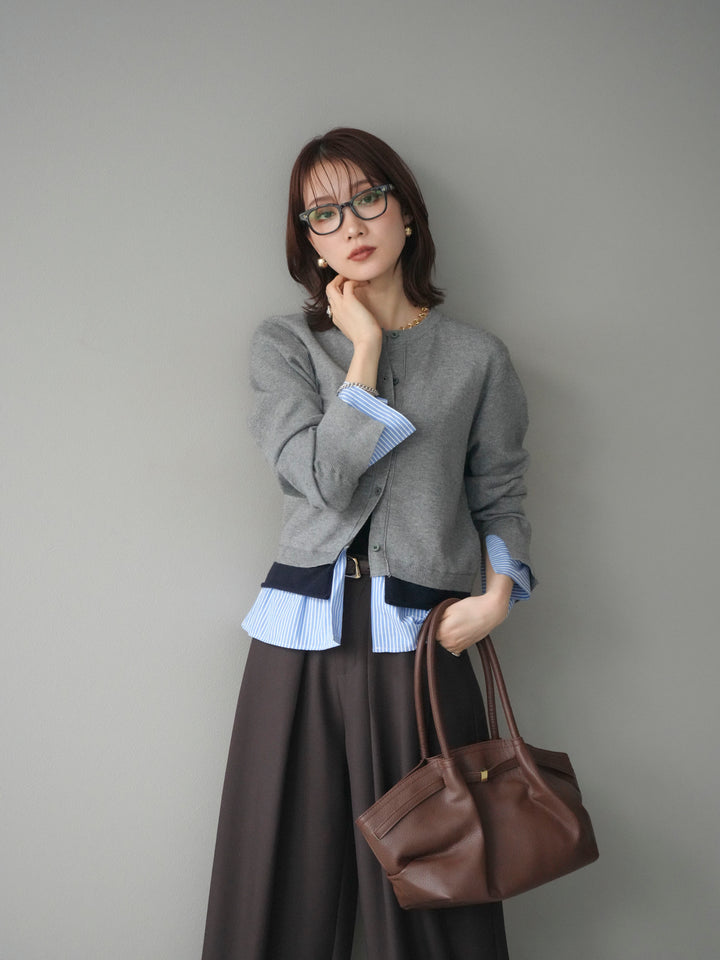 [SET]シャツ襟レイヤードニットカーディガン+ベルトループデザインワイドパンツ(2set)