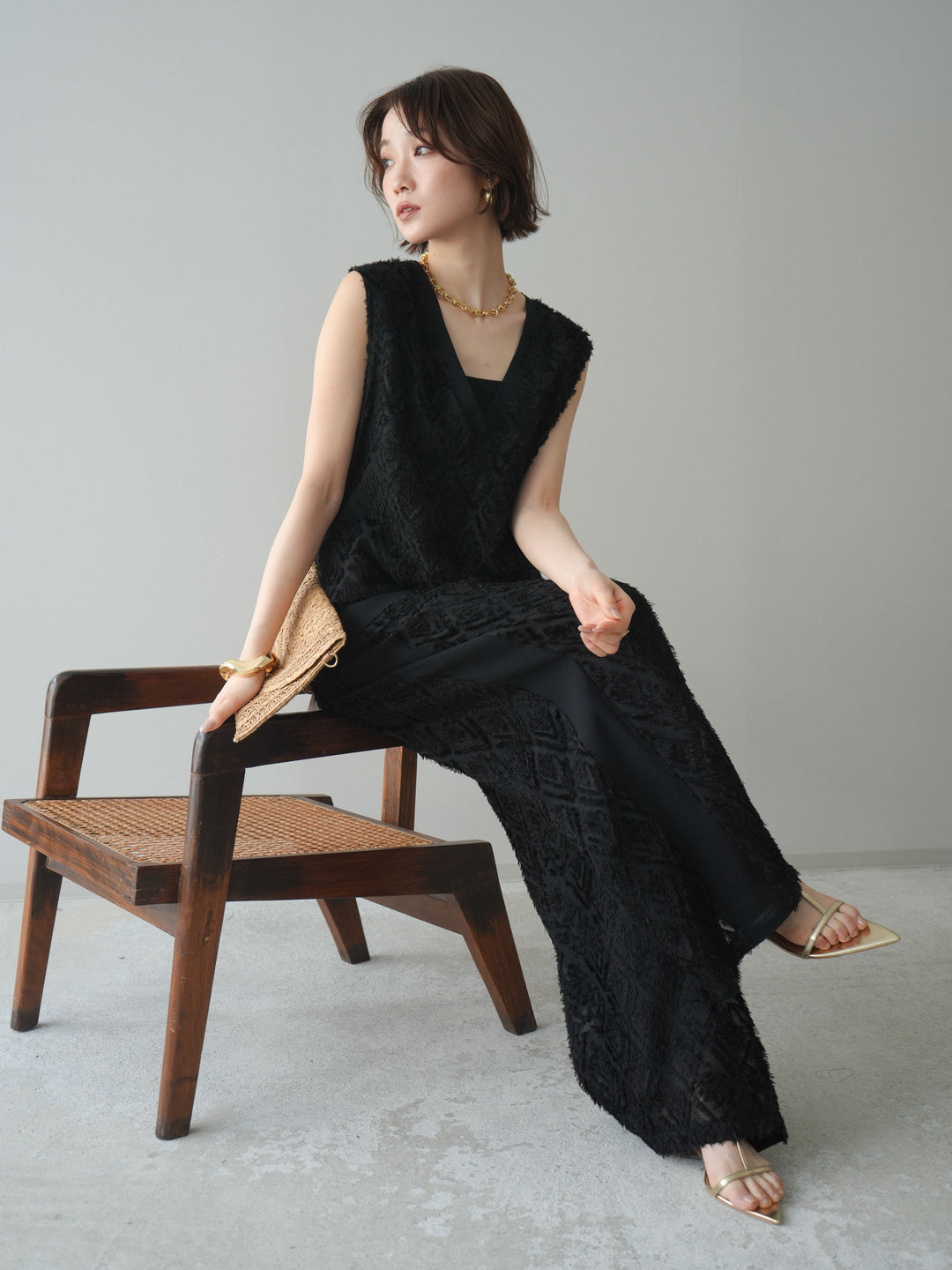 [SET]フリンジレイヤードVネックノースリーブ+選べるアクセセット(2set)