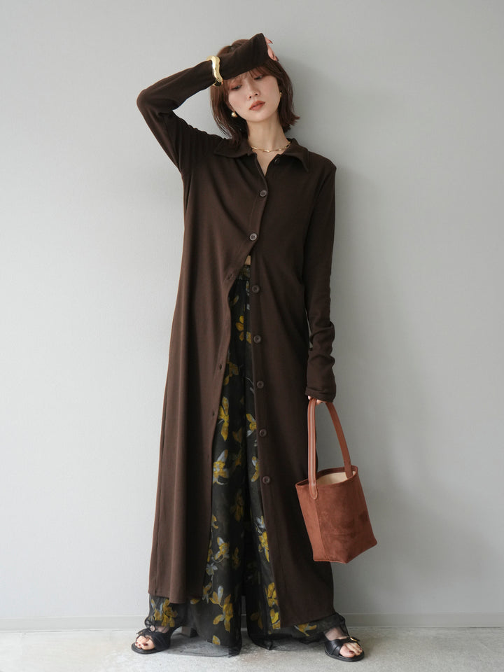 [予約]襟付きカットリブボタンワンピース/ブラウン