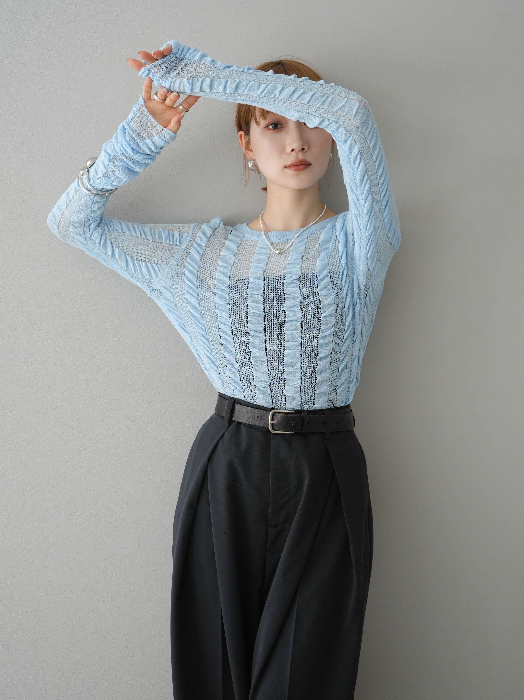 トップス Shirring Knit top トップス Shirring Knit top 予約]リネンタッチシャーリングニット