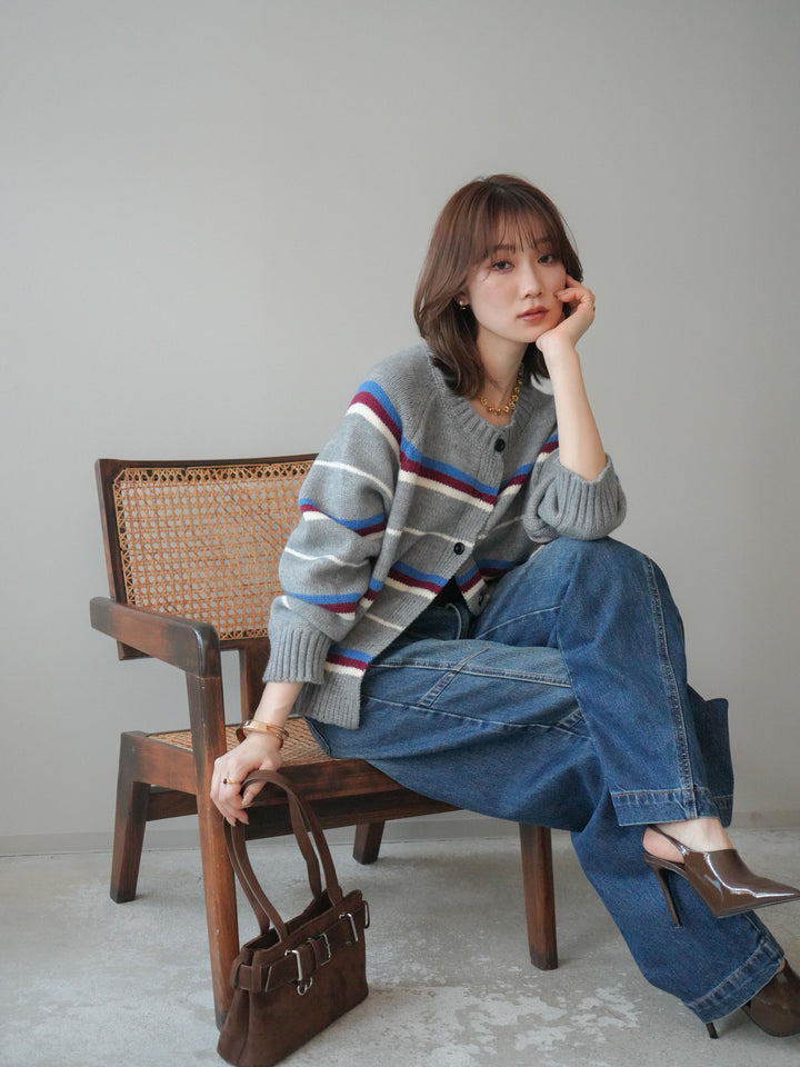 [予約]ランダムボーダーニットカーディガン/gray