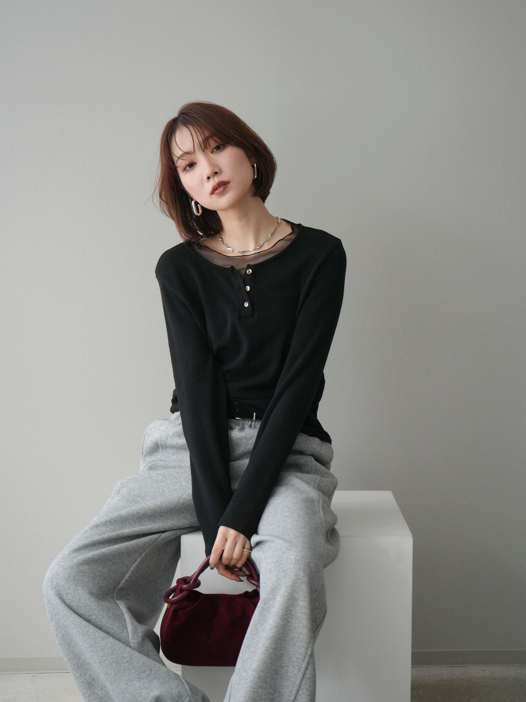 [予約]チュールレイヤードヘンリーネックカットソー/black