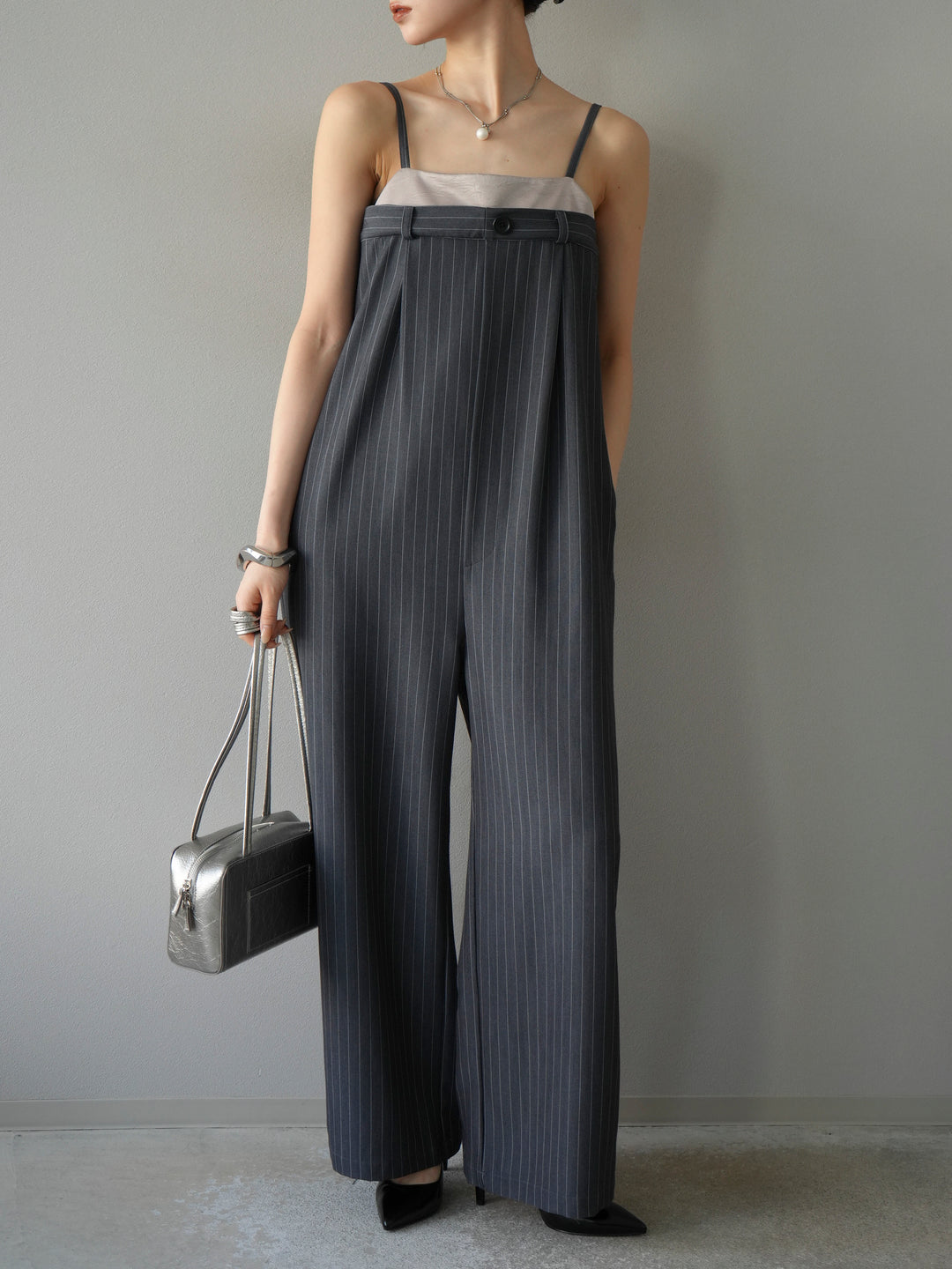 [予約]サテン切替ピンストライプサロペット/グレー